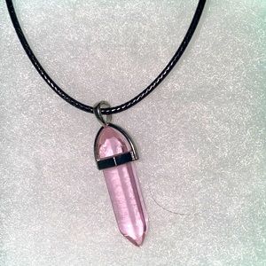 Boho Natural Pink Quartz Crystal Black Cord Necklace 16-18”
